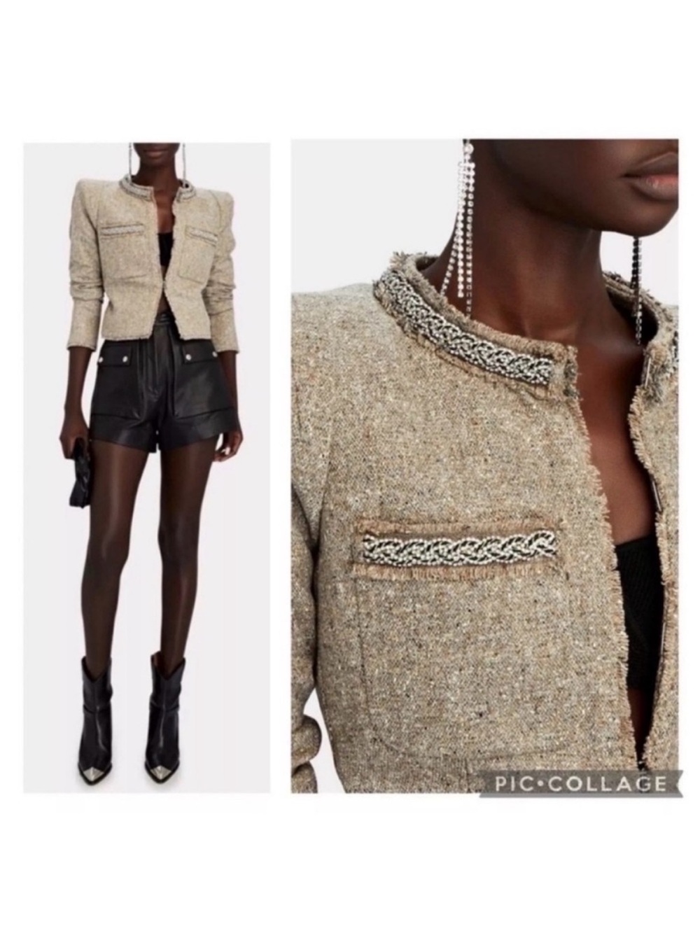 VERONICA BEARD | Orris Crystal Embellished Tweed Jacket Stone‎ Beige Wool Silk 0